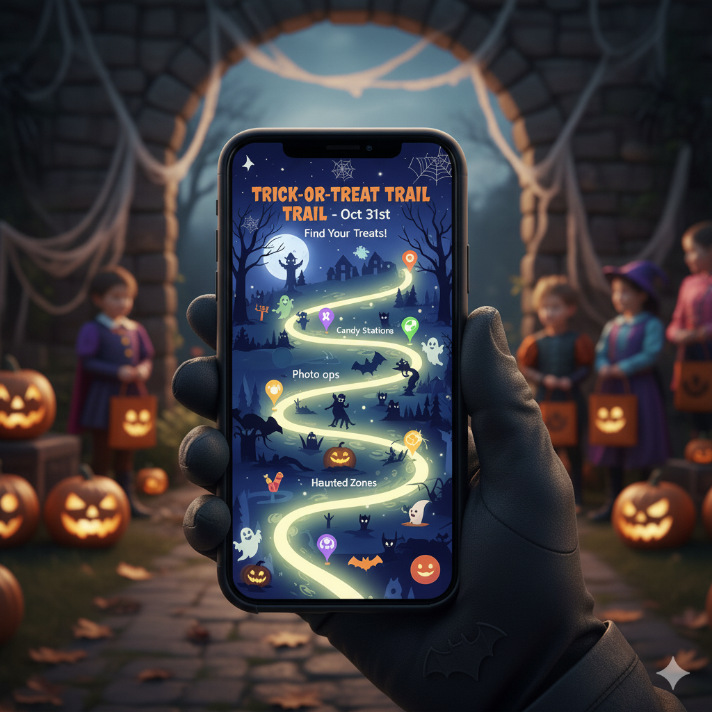 Example of a Trick-or-Treat Trail pass shown on a phone with a glowing route and Halloween icons